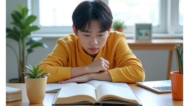 책상에 앉아 집중하는 학생의 아침